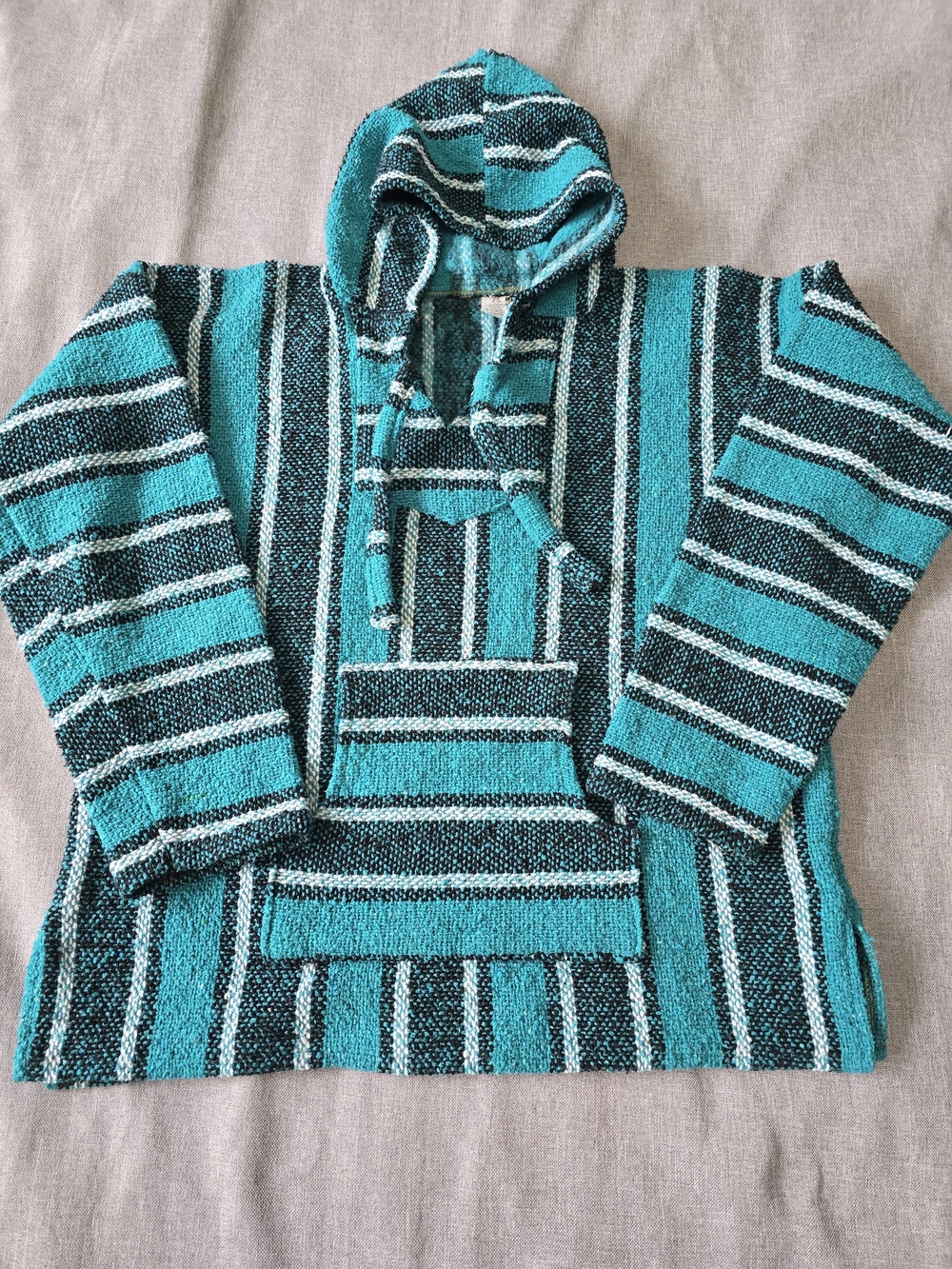 Striped Teal Hooded Baja Sweater Size Large